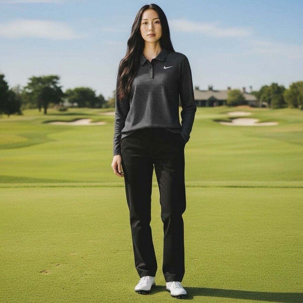 Nike Golf L 3 Button DriFit Polo Shirt Women Blue White Dot Print Long Sleeve